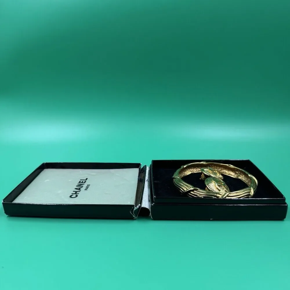 Vintage Chanel Paris Gold Tone Bangle Bracelet & Clip Earrings Set Original Box